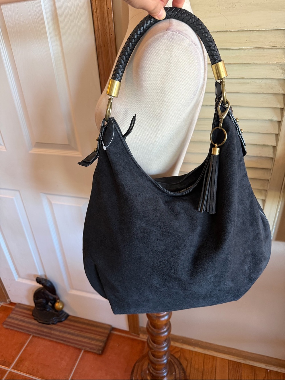 NINE WEST Black Suede Hobo Handbag with Tassel Accent ALL MAN MADE MATERIALS
